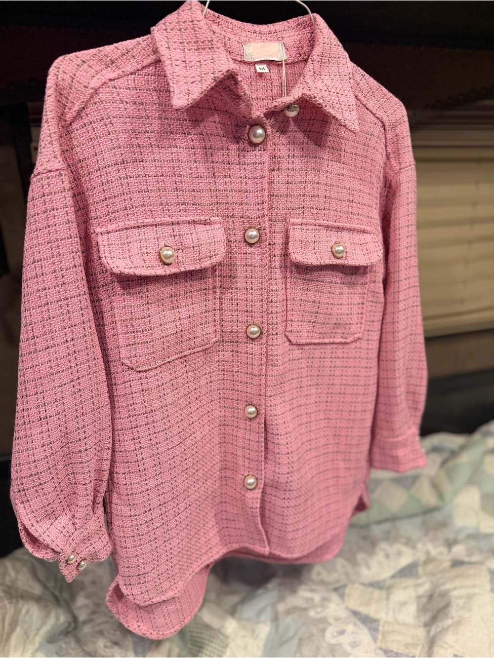 Women's Pink Tweed Button-Up Jacket Shirt size Medium